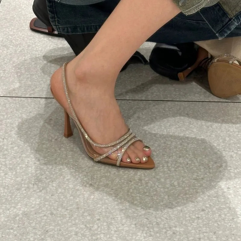 Womens Summer Rhinestone Strap Pump Office Womens Transparent High Heel Sandals Elegant Dot Toe Womens Sexy High Heels 241121