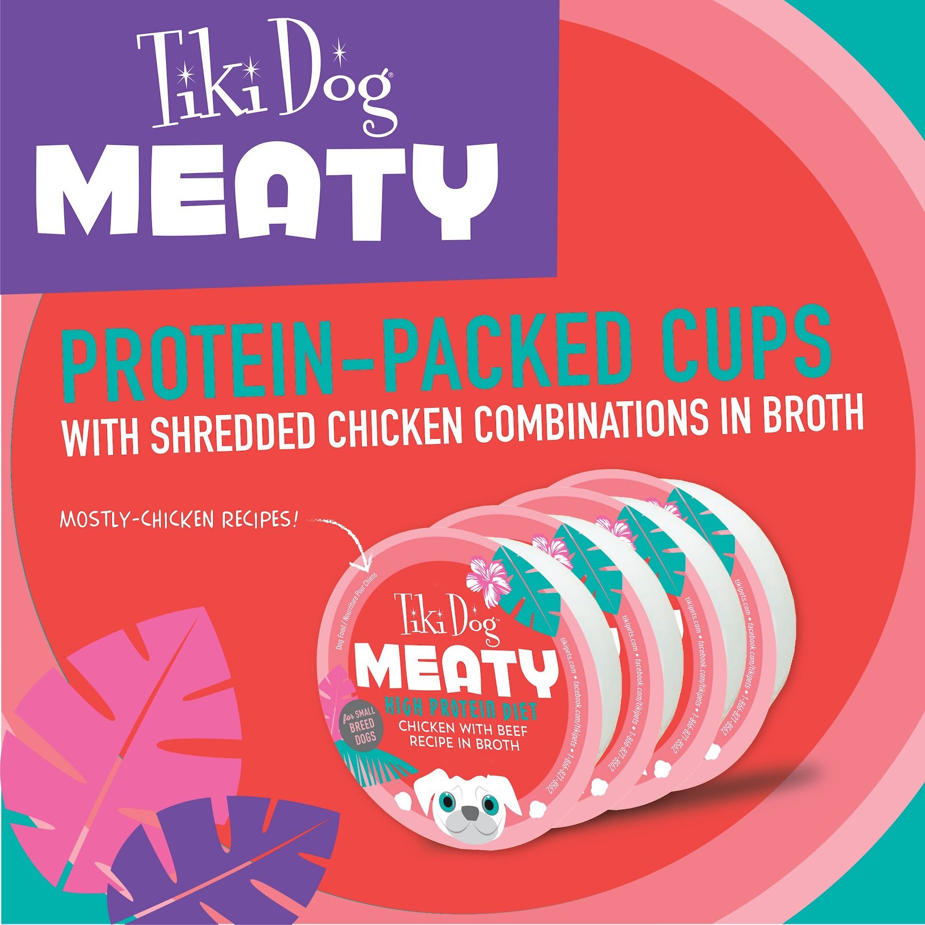 Tiki Dog Meaty High Protein Diet Chicken with Beef Recipe in Broth Grain-Free Wet Dog Food, 3-oz cup, case of 4