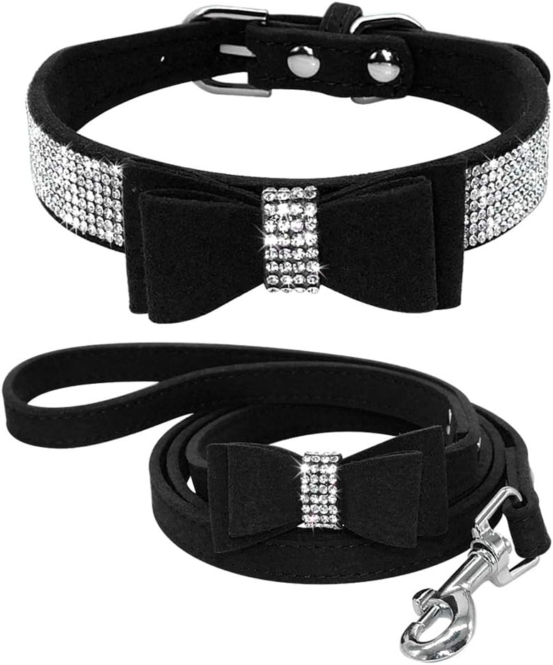 Jxinrong Rhie Bg Leather Dog Cat & Set Crystal Dias Studded Cute Bowknot Small Dogs Collar Puppy Leash