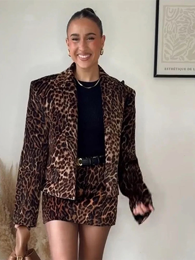 Chic Animal Leopard Mini Womens Elegant Collar Jacket A-line Short Skirt 2-piece Set Office Womens Wear 241119