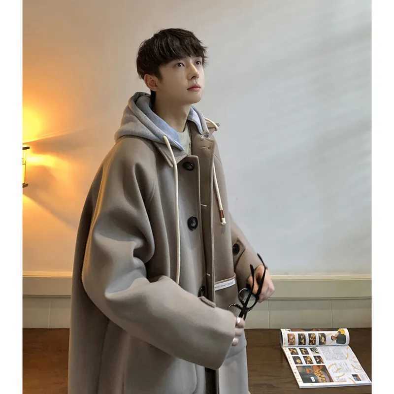 High Quality Korean style medium and long wool mens coat autumn and winter loose Fe two-piece hooded windbreaker Y2k mens clothing T241122