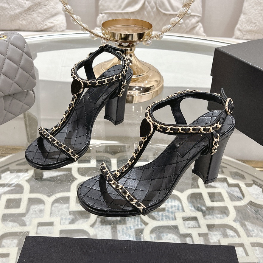 Designer sandal Women High-heeled shoes New style Chain decoration Sandals High quality Leather 8.5cm Fashion Sandals With box 35-42