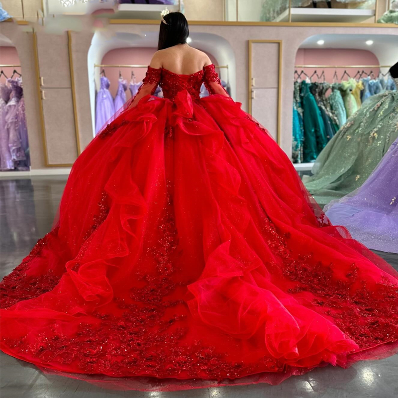 Red Shiny Quinceanera Dresses Ball Gown Sequins Appliques Lace Beaded Sparkle With Cape Mexican Sweet 16 Dresses 15 Anos
