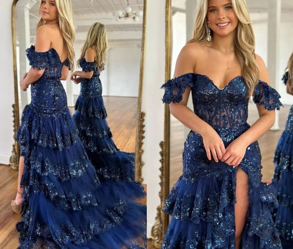 Shiny Sequins Mist Blue Prom Dress 2024 Lace Beaded Off Shoulder Tulle High-low Long Train Formal Birthday Evening Gala Gowns Robe De Soiree