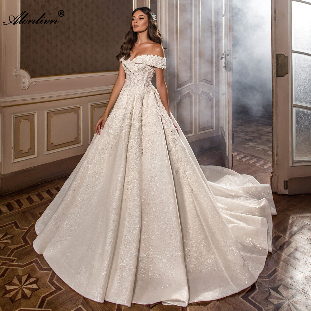 Beading Pearls And 3D Flowers Lace Ball Gown Wedding Dress Off Shoulder short Sleeves Shiny princess Bridal Gowns 2024