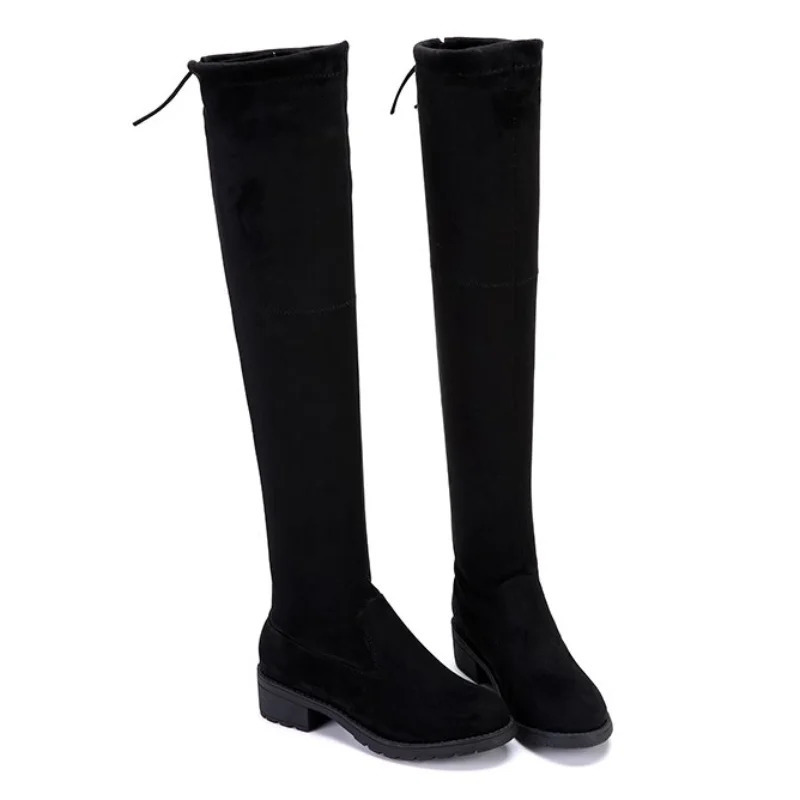 Womens winter black knee boots 2024 comfortable lace thick high heels fashionable warm suede round toe 241206