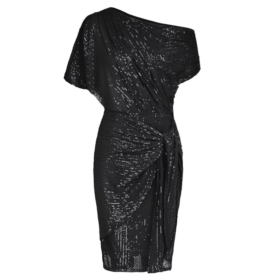 GK Cocktail Dresses For Women Sequined Party Dress Summer Ruched Short Sleeve Asymmetric Off Shoulder Bodycon Vestidos 241122