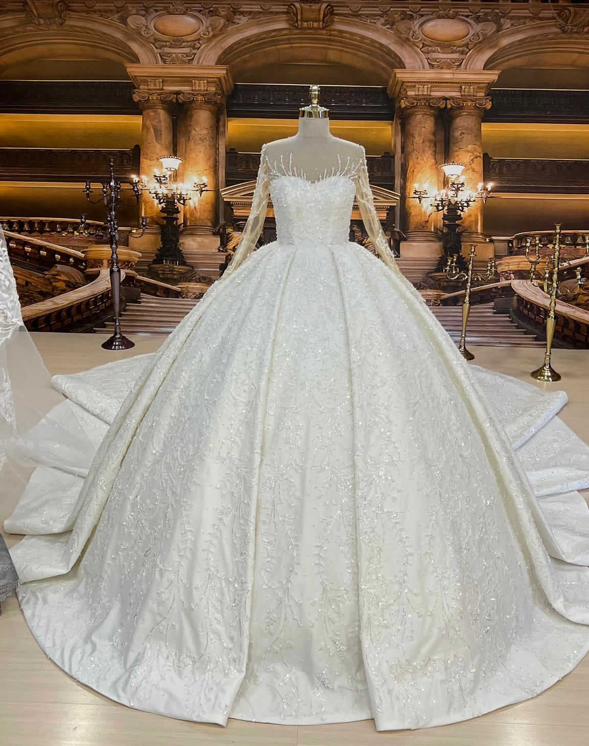 Gorgeous Ball Wedding Dress For Women Sheer Neck Long Sleeves Bridal Gown Appliques Sequins Sweep Train Dresses Custom Made vestidos de novia
