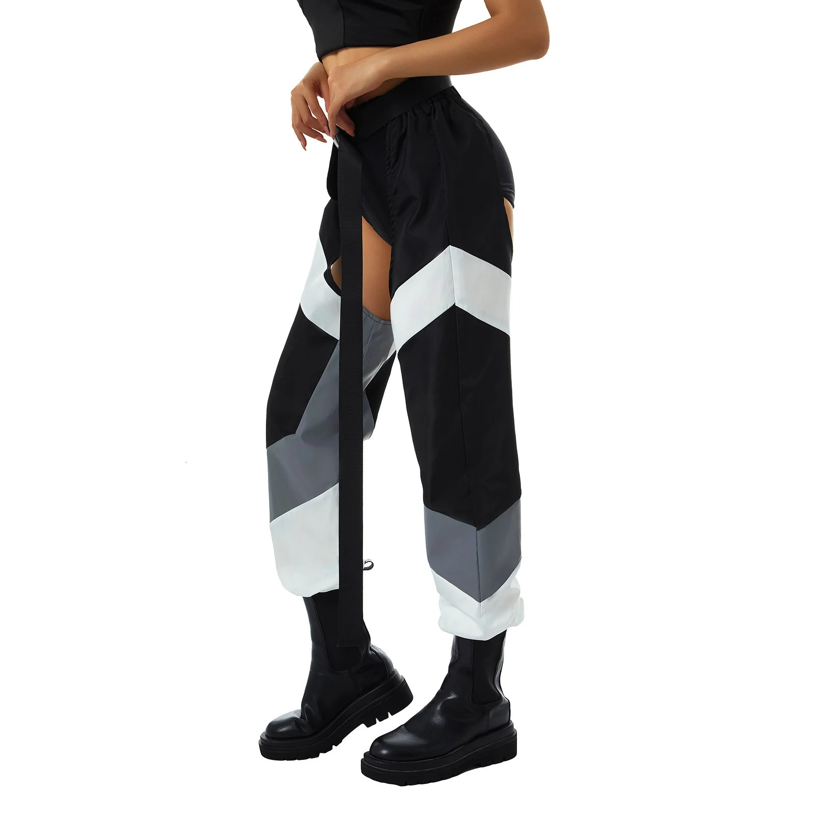 Women's Pants Capris Womens Sexy See Through Buckles Bottomless Pants High Waist Hollow Out Crotchless Pants Rave Chaps Cargo Trousers Streetwear