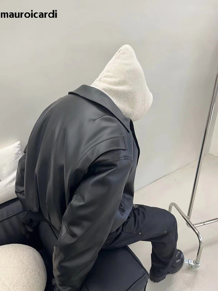 Mauroicardi Spring Autumn Cool Oversized Thickened Warm Black Soft Pu Leather Jacket Men Shoulder Pads ner Clothes 241122