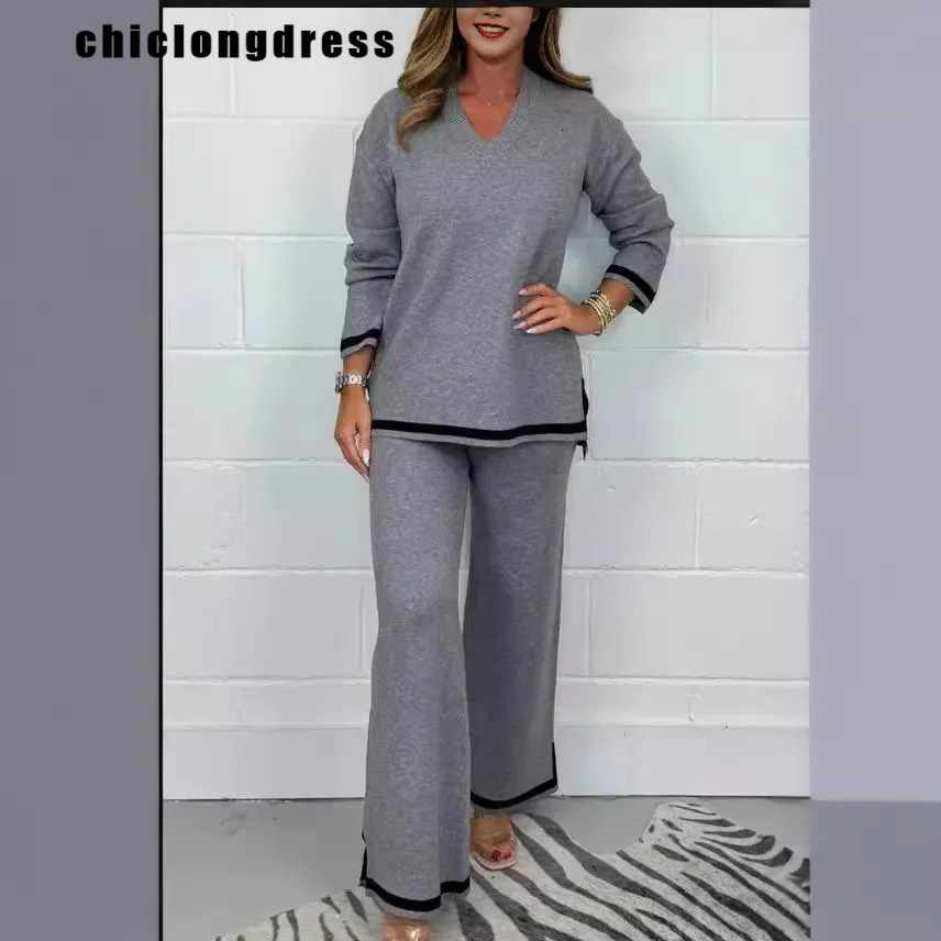 Autumn Winter Fashion Knitted Two Piece Set Women Casual Loose Vneck Long Sleeved Pullover Wide Leg Pants 241122