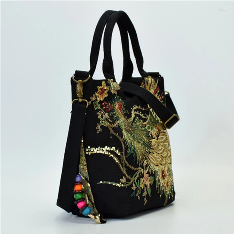 Evening Bags Shiny Sequins Peacock Embroidered Women Canvas Totes Bag Summer Shopping Shoulder Vintage Beaded String Handbag Black