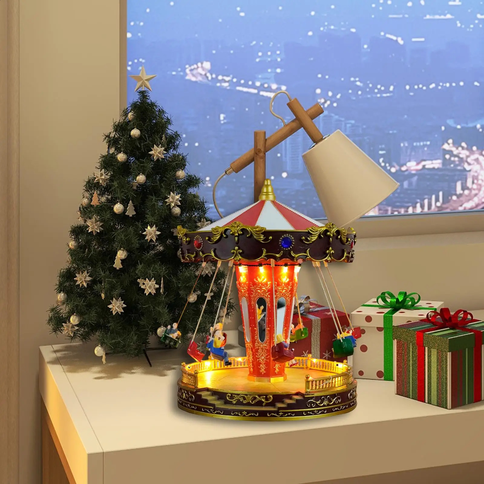 Rotatable LED Christmas Carousel Statue Music Box Decoration Table Centerpiece for Birthday Valentines Day Children Xmas Gifts 241121