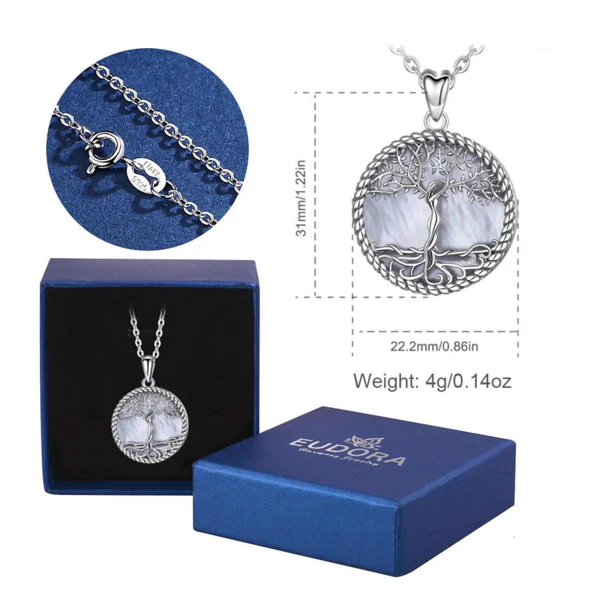 EUDORA 925 Sterling Silver Tree of Life Pendant Tree Leaf Goddess Mother of Pearl Necklace Vintage Jewelry with Box D475MB 240412