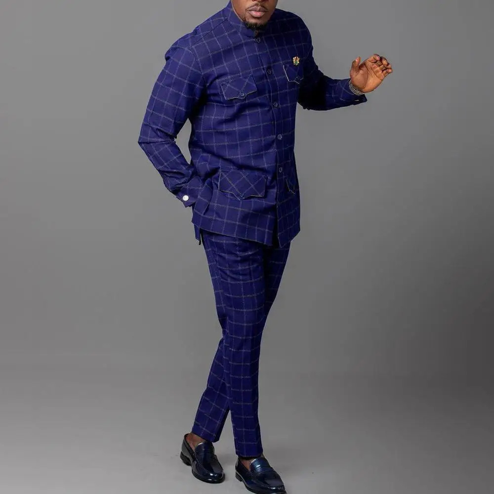 Men Suits For Wedding Stand Collar Plaid Long Sleeve Shirt Pants African Ethnic Business 2Piece Sets Man Clothing Outfits Wear 240419
