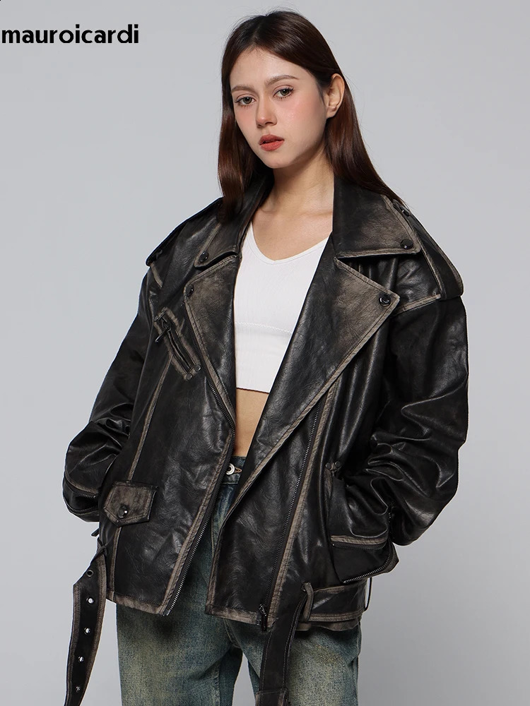 Mauroicardi Spring Cool Handsome Vintage Distressed Black Pu Leather Biker jacket Men Belt Zipper Loose Unisex Clothes 241122