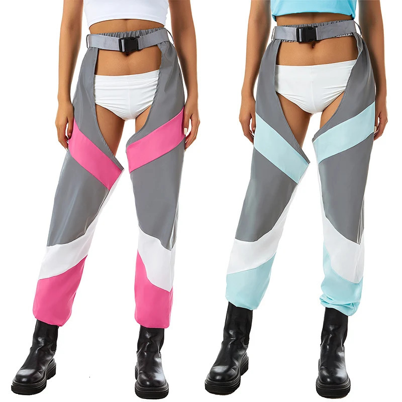 Women's Pants Capris Womens Sexy See Through Buckles Bottomless Pants High Waist Hollow Out Crotchless Pants Rave Chaps Cargo Trousers Streetwear
