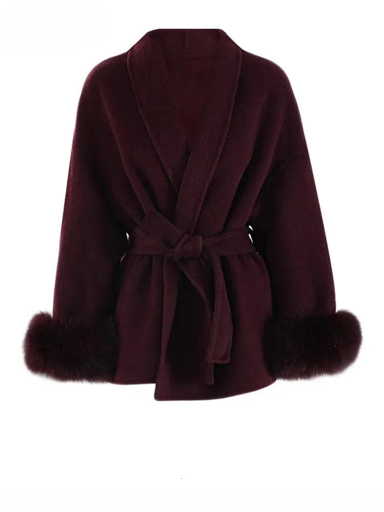 Wine Red Fur Cuff Big Size Belted Woolen Coat New Lapel Long Sleeve Women Jacket Fashion Tide Autumn Winter Cpg2347