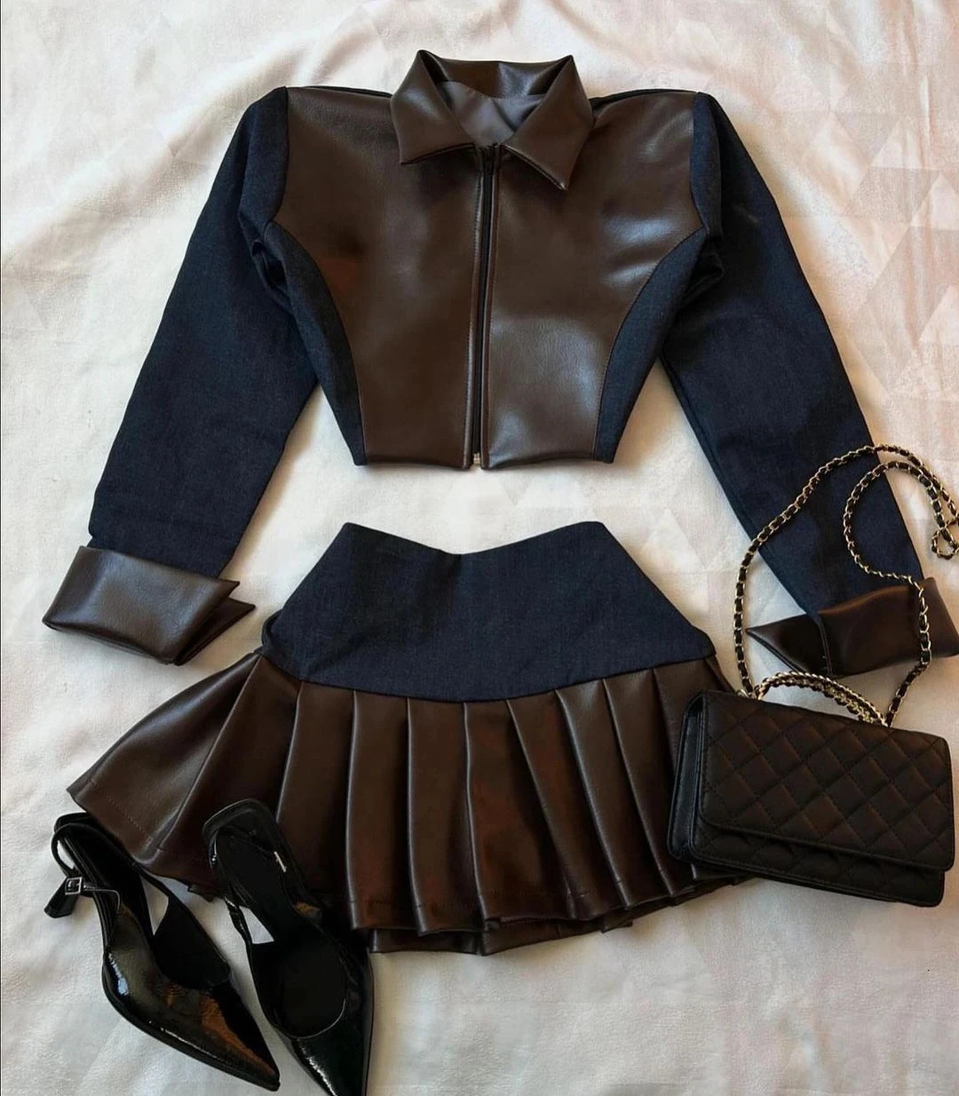 Gothic leather denim patchwork two-piece suit for womens Sweetheart Harajuku Gothic leather jacket camouflage casual skiing set 241120