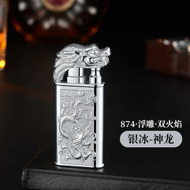Lighters Creative Embossed Shenlong Double Fire Gas Metal Flame Spray Tool Cigarette Lighter Trendy and Fashionable Men T240422 W260202