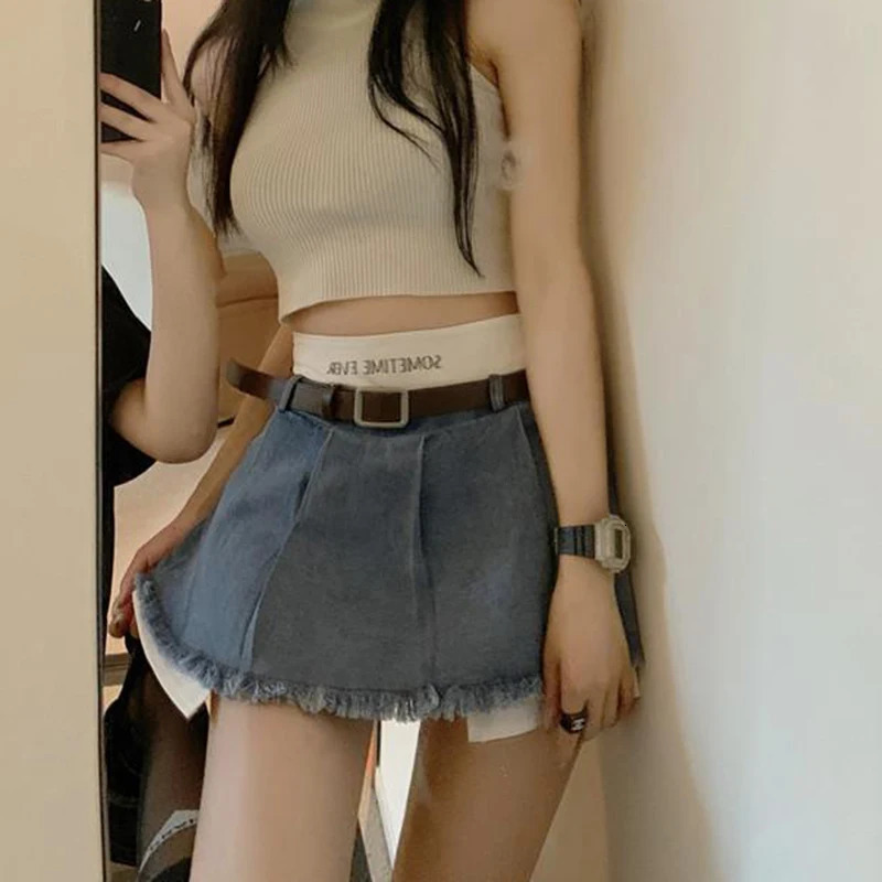 Gidyq High Waist Women Denim Skirts Summer Korean Patchwork Casual Mini Skirts Streetwear Female Tassels A Line Jeans Skirts 240422