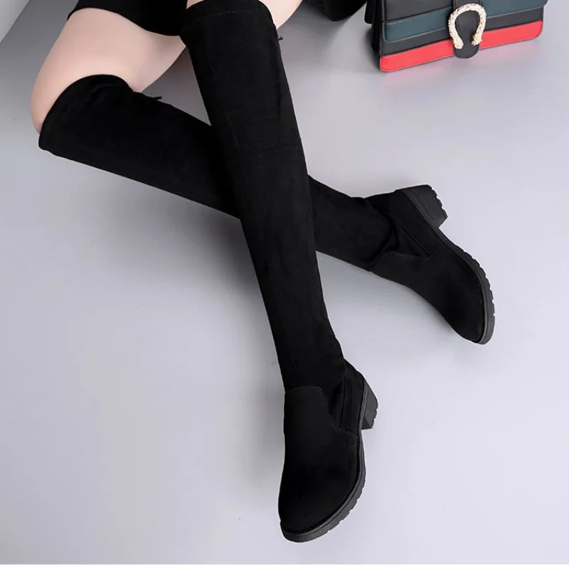 Womens winter black knee boots 2024 comfortable lace thick high heels fashionable warm suede round toe 241206