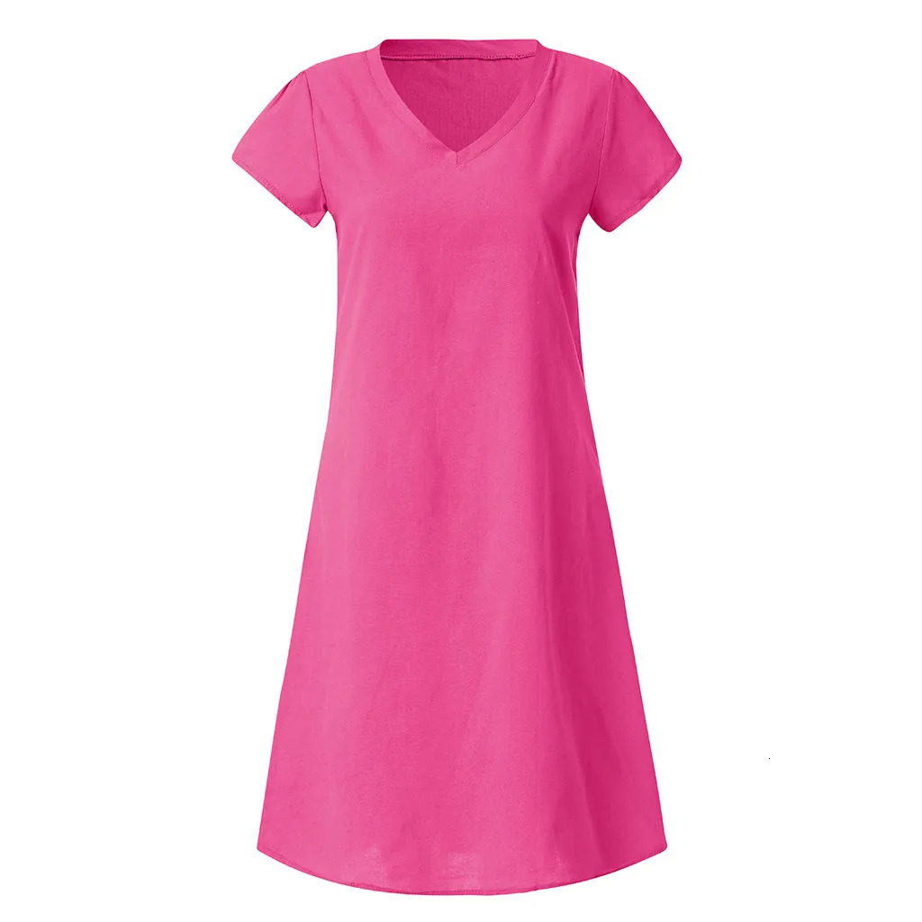 Women Summer 2024 Boho Cotton Linen Dress Short Sleeve VNeck Tops Casual Loose Female Street TShirt Sundress Vestidos 240418