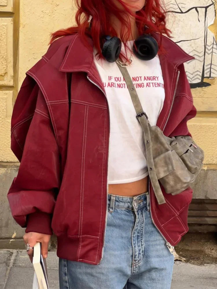 Fashion patch work Pu leather short sleeved jacket womens oversized lapel long sleeved cut jacket womens street jacket 241119