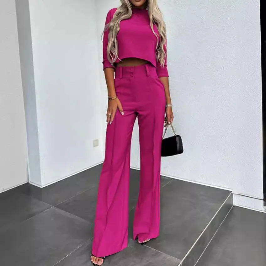 Women Business Blazer Pant Sets 2 Pieces Sale Casual ONeck Short Sleeve Cropped Tops High Waist Pocket Flare Trousers Suits 241122