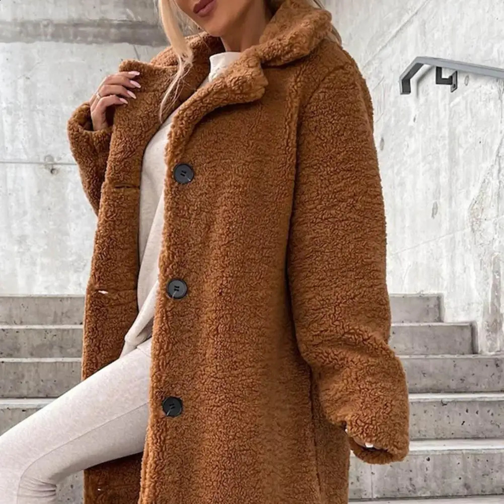 Women Trench Coat Plush Thicken Overcoat Autumn Winter Singlebreasted Teddy Jacket Long Style Outwear Streetwear 241121