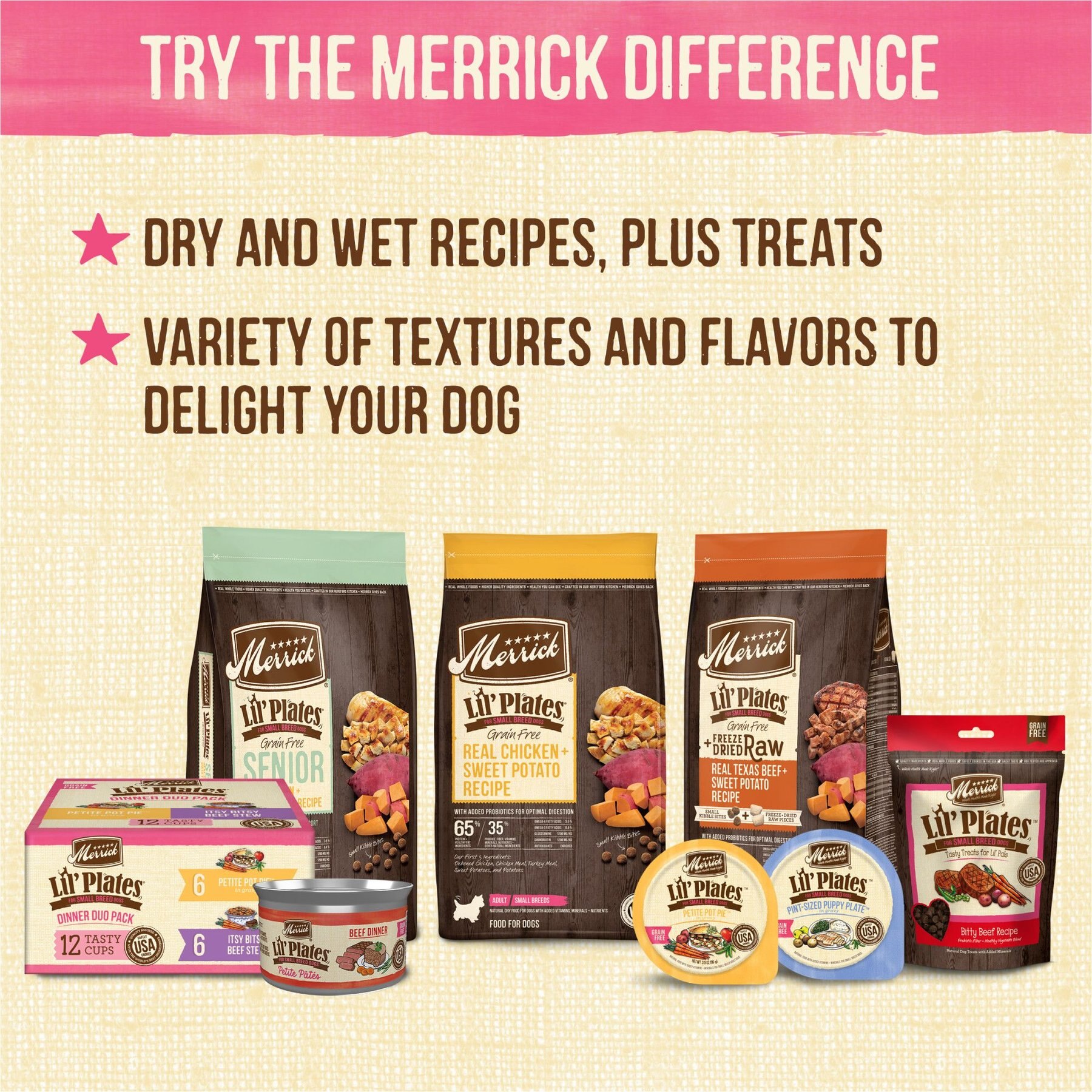 Merrick Lil' Plates Petite Pates Grain-Free Small Breed Wet Dog Food, Variety Pack, 3-oz can, case of 12