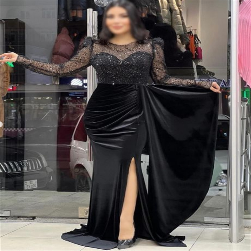 Arabic Dubai Navy Blue Prom Dress With Slit Elegant Mermaid Velvet Evening Gowns Long Sleeve Sequin Plus Size Formal Robe De Soiree Custom Vestidos Pa