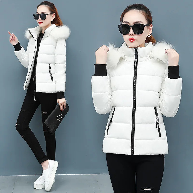 Zipper Fur Hooded Short Down Cotton Jacket Thickened Coat Fall Winter Casual Elegant Long Sleeve Warm Pocket Clothing 241120