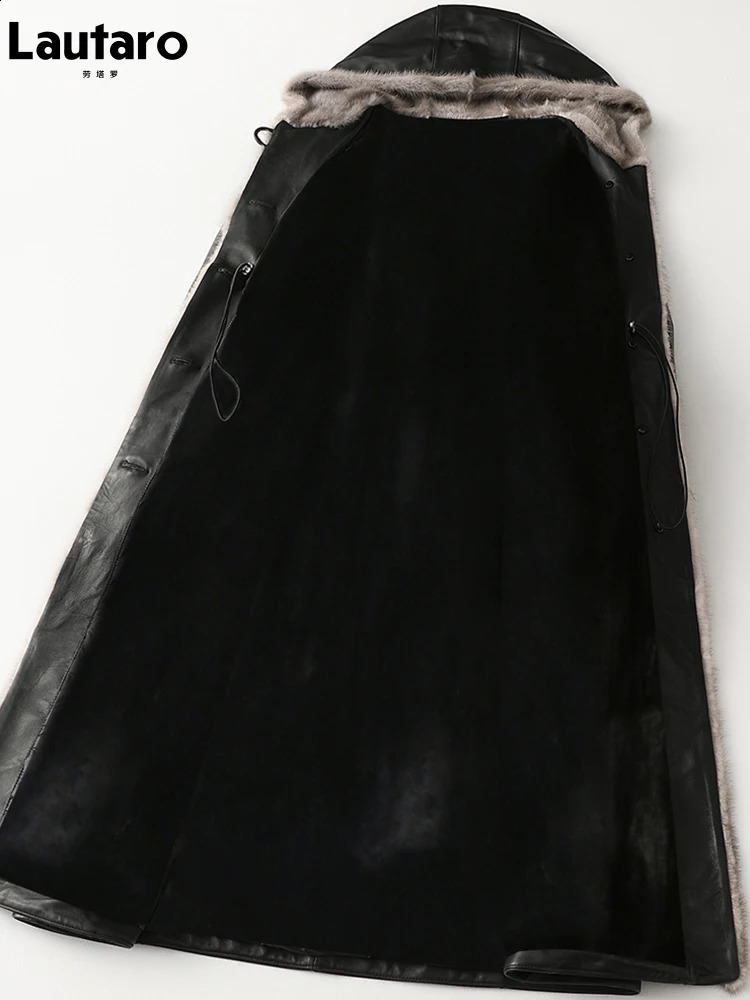 Lautaro Winter Long Warm Thick Black Leather Coat Womens Inner Fur Elegant Faux Fur Lining Jacket Parka Fashion 241120