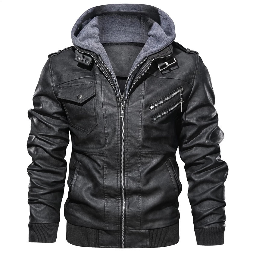 Hood Mens Leather Jacket Motorcycle Winter Fleece Warm Biker Vintage Coat moto Casual Slim pilot Jackets 241122