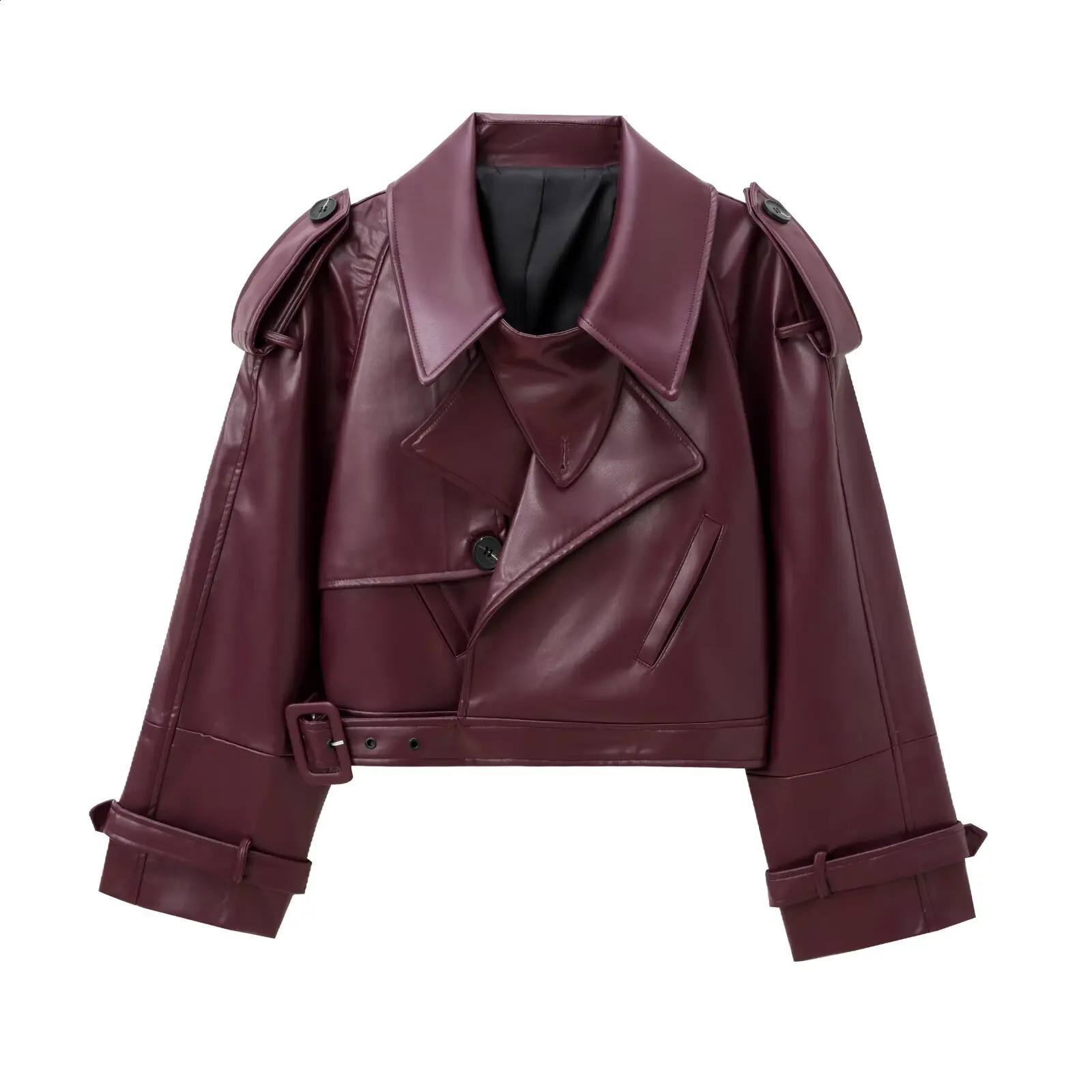 TRAF Faux Leather Bomber Jackets for Women Fashion Cropped Jacket Woman Streetwear Outerwears Long Sleeve Coats 241121 - view 4
