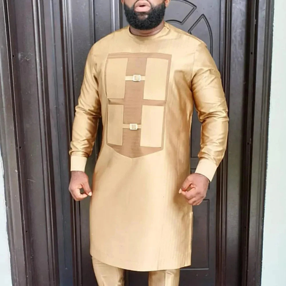 Dashiki African Men Clothes Sets Youth Casual Social Long Sleeve Ethnic Two Piece Shirt Trousers Men Suit European Male Clothing 240412