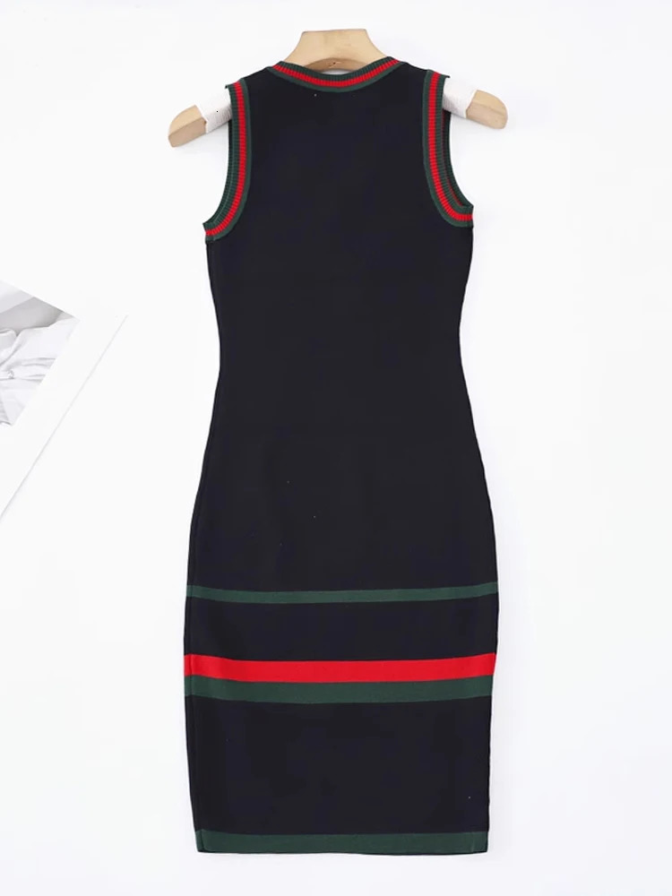 V Neck Black Stripe Knitted Tank Dresses Casual Slim Simple Fashion Korean Women Sleeveless Dress Sexy Vestidos Clothes 240419