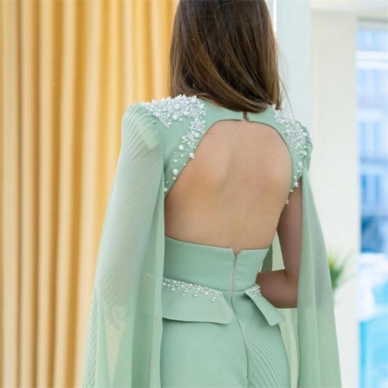 Gorgeous Mint Green Prom Dress Jumpsuit Cape Sleeves Arabia Dubai Evening Dress Open Back Beaded Formal Party Turkey Special Occasion Vestidos De Fest