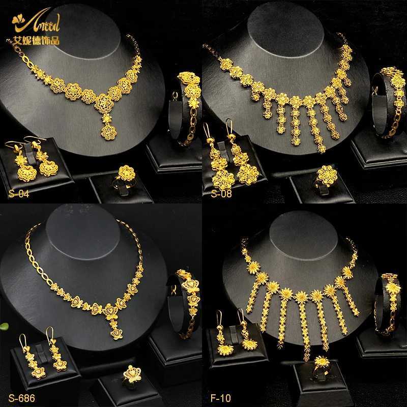 ANIID India 24k Gold Flower Her Necklace Earrings Bracelet Ring Set Elegant Bridal Wedding Jewelry Set Dubai La W241121