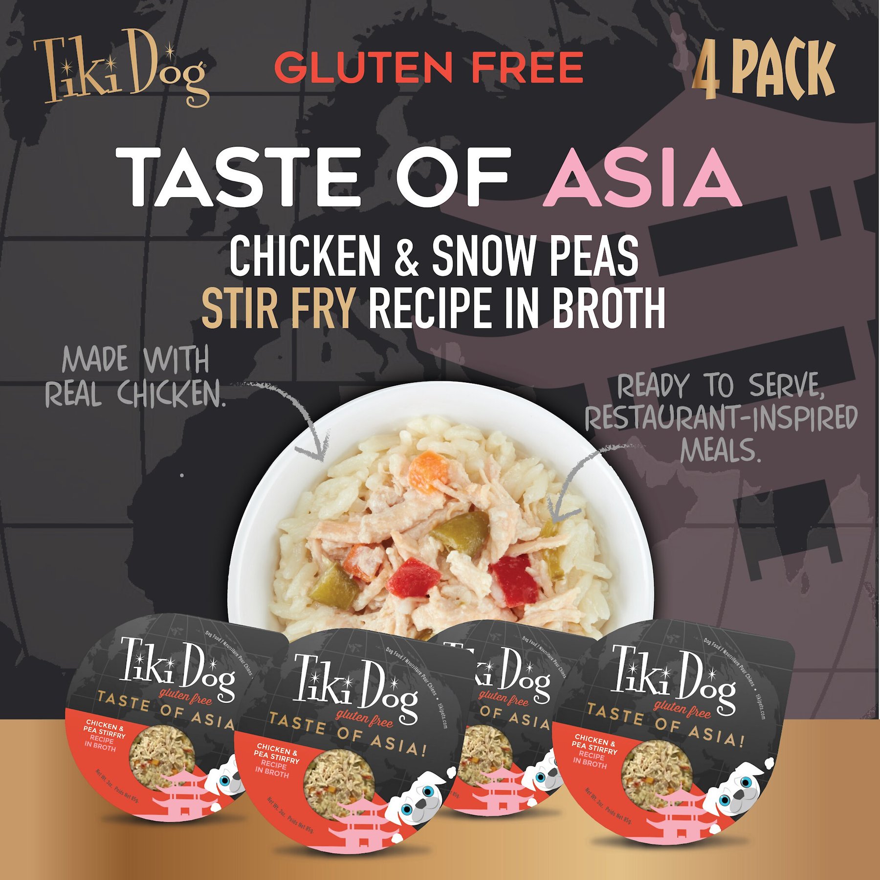 Tiki Dog Taste of Asia Chicken & Snow Peas Stir Fry Recipe in Broth Gluten-Free Wet Dog Food, 3-oz cup, case of 4