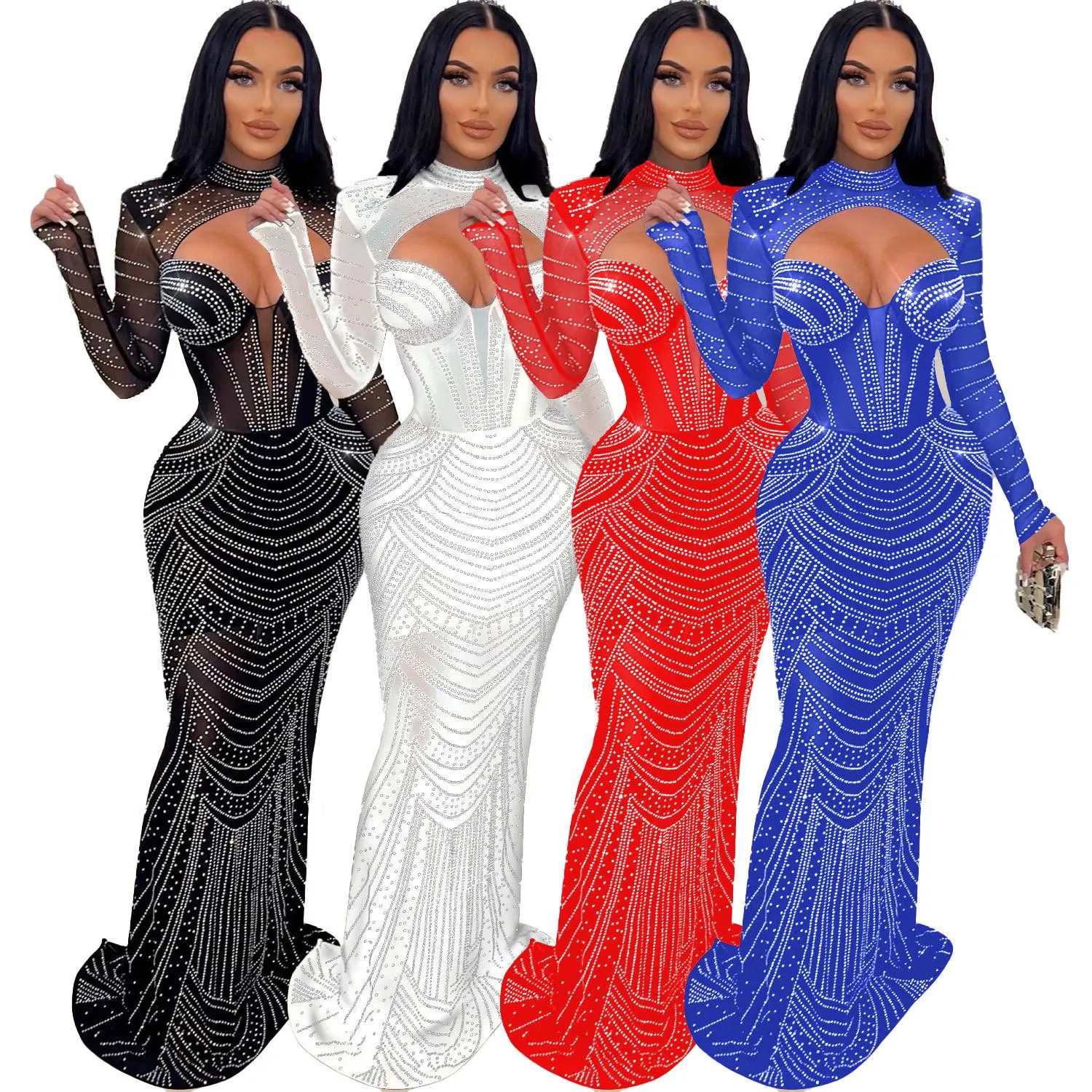 Leosd Sexy Sparkly Mesh Long Party Dress with Rhinestones Women Cut Out Long Sleeve Turtleneck Evening Dresses Party Clubwear 240420