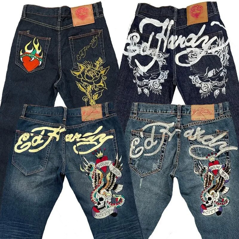 Ed Hardys Jeans Mens Designer Ed Hardys Pants Harajuku Y2k High Street Hip Hop Jeans Skateboard Streetwear Rock Revival Embroidery Graphic Denim Straight Jeans F57
