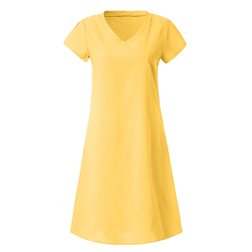 Women Summer 2024 Boho Cotton Linen Dress Short Sleeve VNeck Tops Casual Loose Female Street TShirt Sundress Vestidos 240418