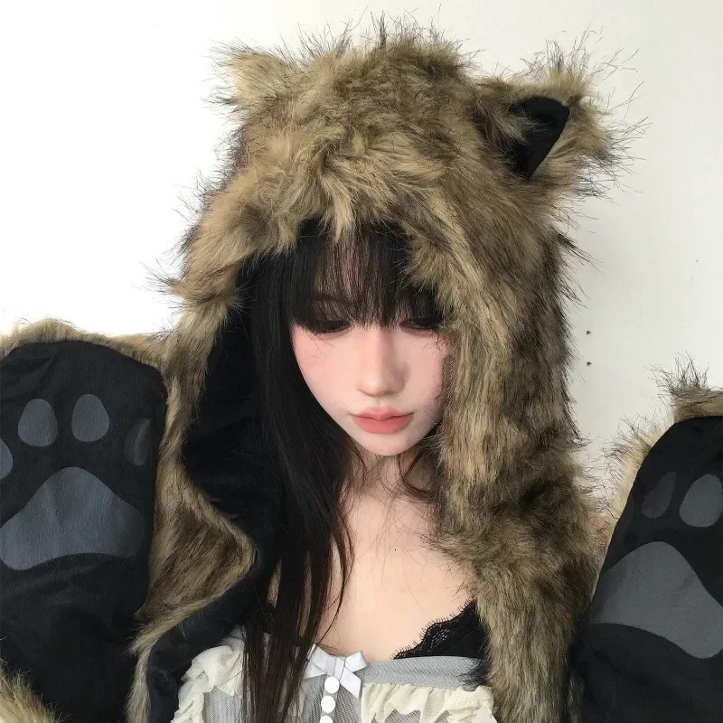 Womens cashmere winter hat winter hat Balaclava hat warm pull nap hat round neck hat bear hat 241205