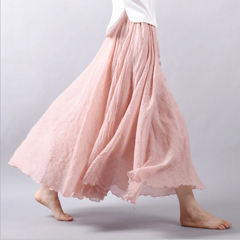 14 Colors Linen Maxi Skirt Pleated Vintage Boho Long Casual Cotton Beach Empire ALine Ladies Clothing 240420