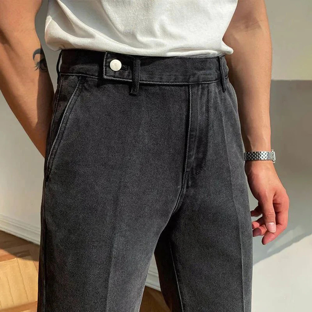 Mens French Slim Fashion Distressed High Waist Jeans Genderless Retro Solid Color Denim Straight Leg Casual Nine-Point Pants 240410