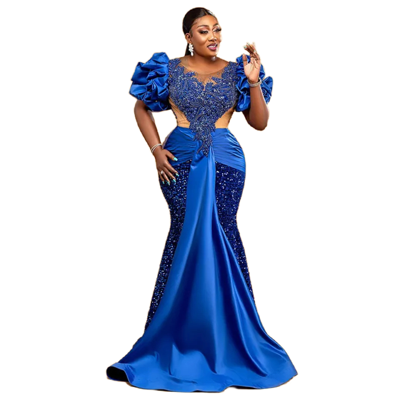 African Royal Blue Sequined Mermaid Prom Dresses With Ruched Short Sleeves Beaded Long Formal Evening Gowns Crew Neck Black Girls Celebrity Wear