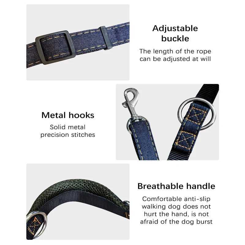 Multifunctional Jean Cloth Dog Leash Adjustable Length Free Hands Double Heads Leash for Small Medium Large Dogs Walking RunningXJ250218
