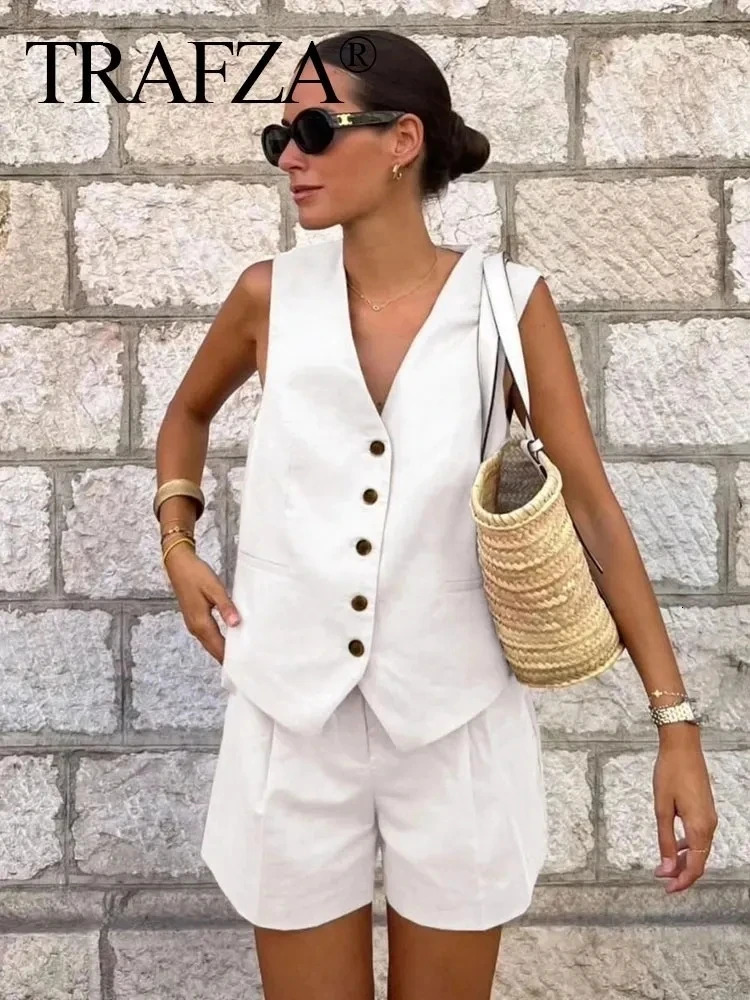TRAFZA Woman Solid Waistcoat Shorts Set Sleeveless V Neck Buttons Vest Top Zipper Pockets Commute Elegant Female Short Pant 240419